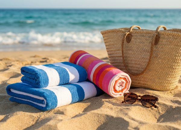Beach and pool towels styled for summer